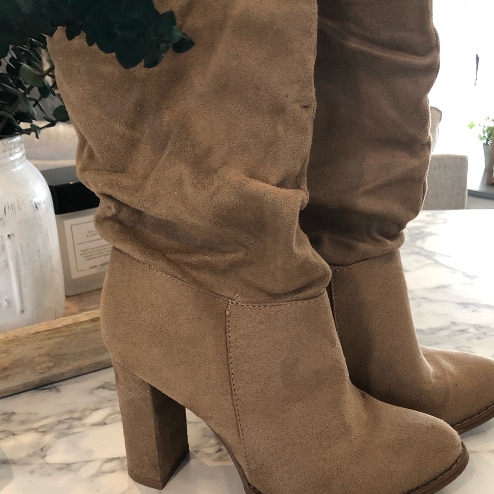 Mid-calf brown suede boots with heels